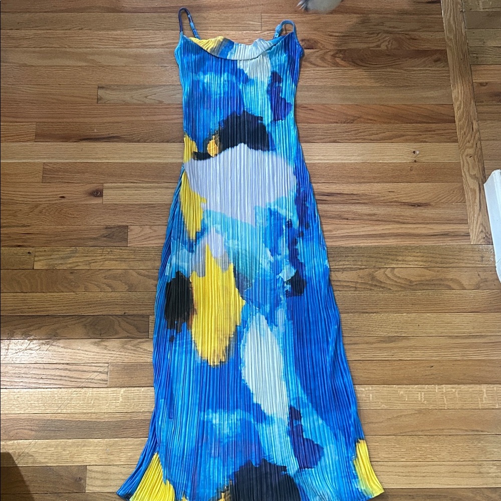 Blue and Yellow cowl neck Print Dress
